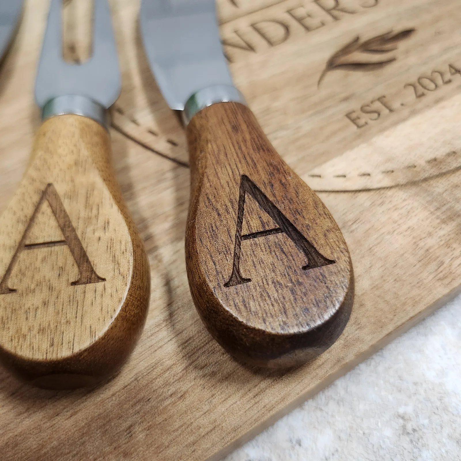 Close-up of engraved wood utensils