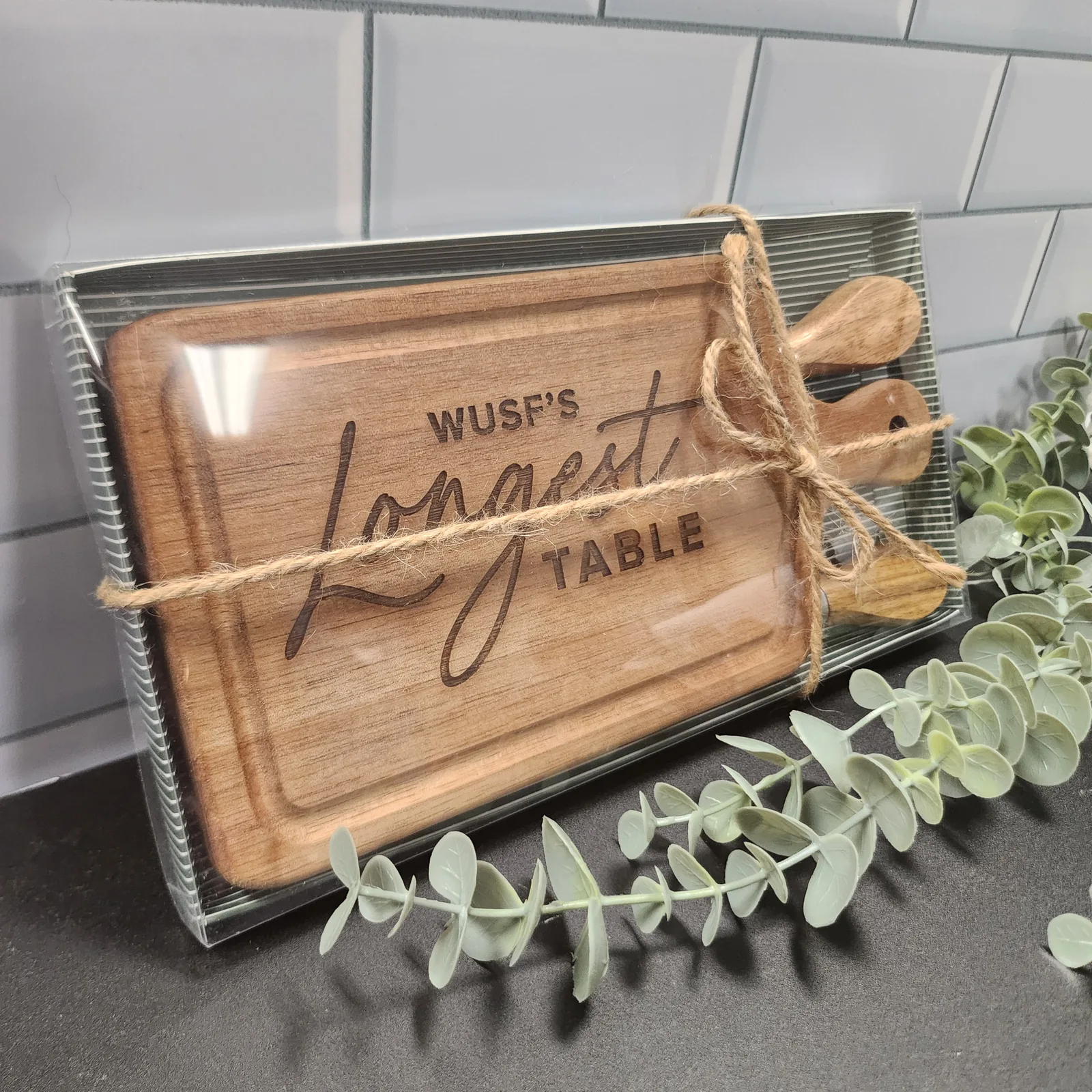 Engraved cheese board gift set with utensils
