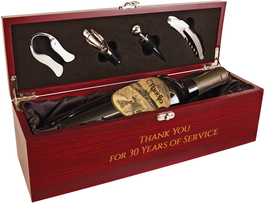 Engraved wine box gift set thanking an employee for 30 years of service